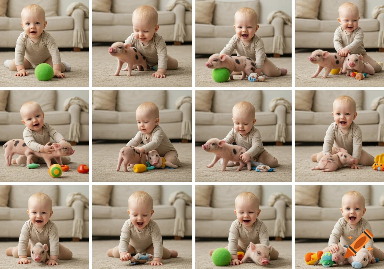 A grid of photorealistic images showing a cute baby playing with a pink and black spotted piglet in a cozy living room.