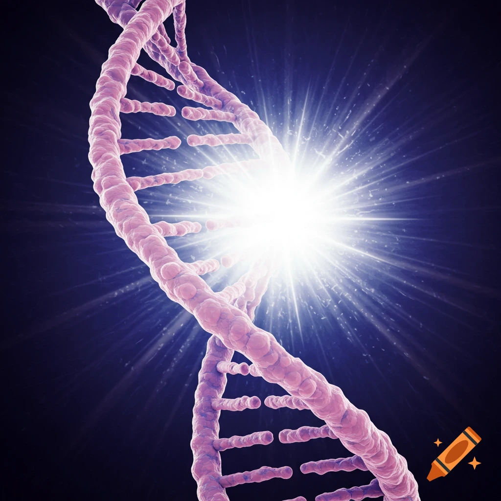 A vibrant 3D rendering of a DNA double helix, glowing with a bright white light at its center against a dark, cosmic background.