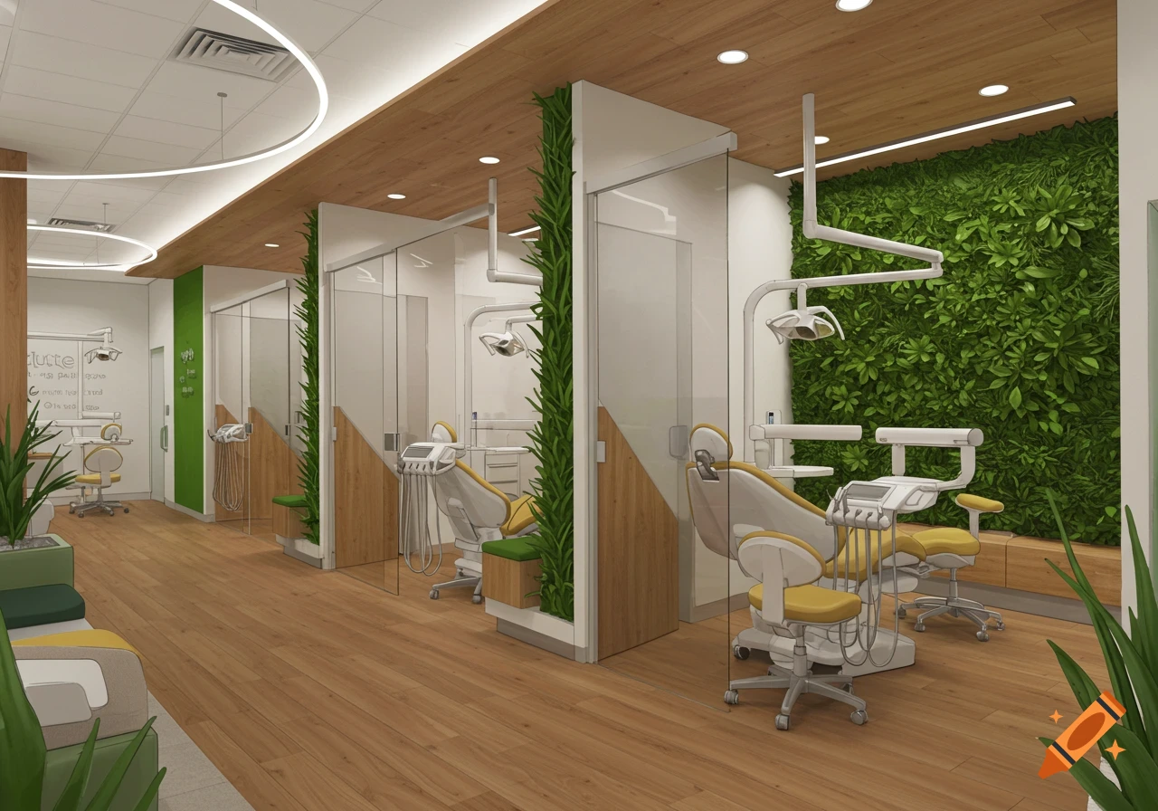 Modern dental office interior with multiple treatment rooms, ergonomic yellow and white chairs, wood flooring, and green living walls.