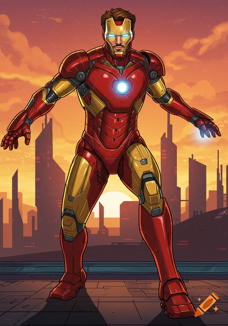 Iron Man in his red and gold suit stands before a city skyline at sunset in a comic book illustration style.