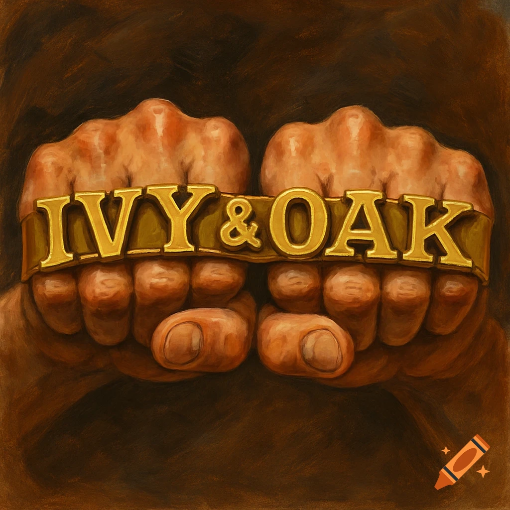 Two clenched fists hold golden knuckle jewelry spelling 'IVY & OAK' in a detailed painterly style.