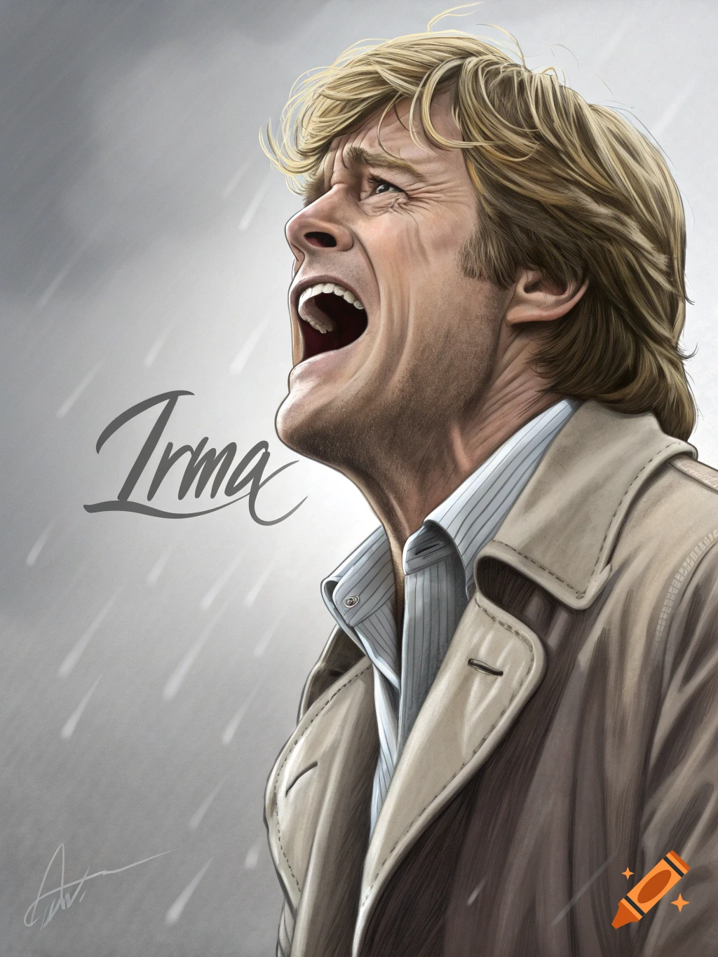 A stylized portrait of Robert Redford shouting in the rain, with the name "Irma" written next to him.