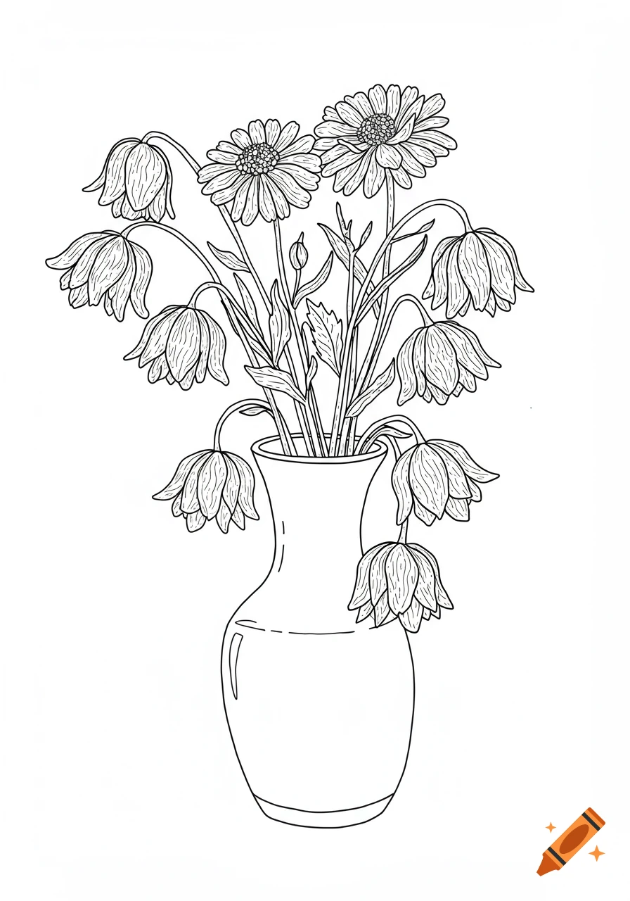 A black and white line drawing of wilting flowers in a vase, in a coloring book style.