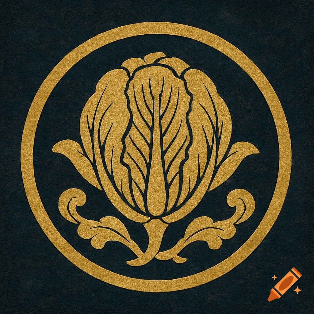 A stylized golden Japanese kamon featuring a plant resembling cabbage, set against a dark, textured background.