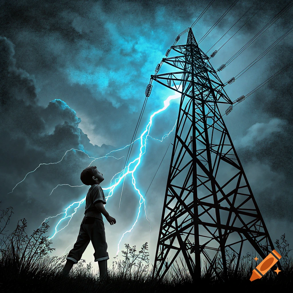 Silhouette of a boy looking up at a towering electricity pylon with bright blue lightning striking around it against a dark, stormy sky.