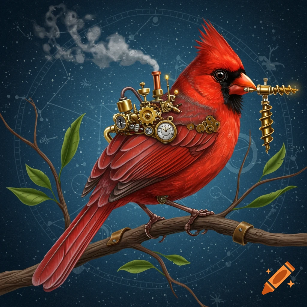 A vibrant red cardinal bird, adorned with intricate steampunk gears, pipes, and a clock on its back, perches on a branch against a starry blue, celestial background. It holds a golden drill bit in its beak.
