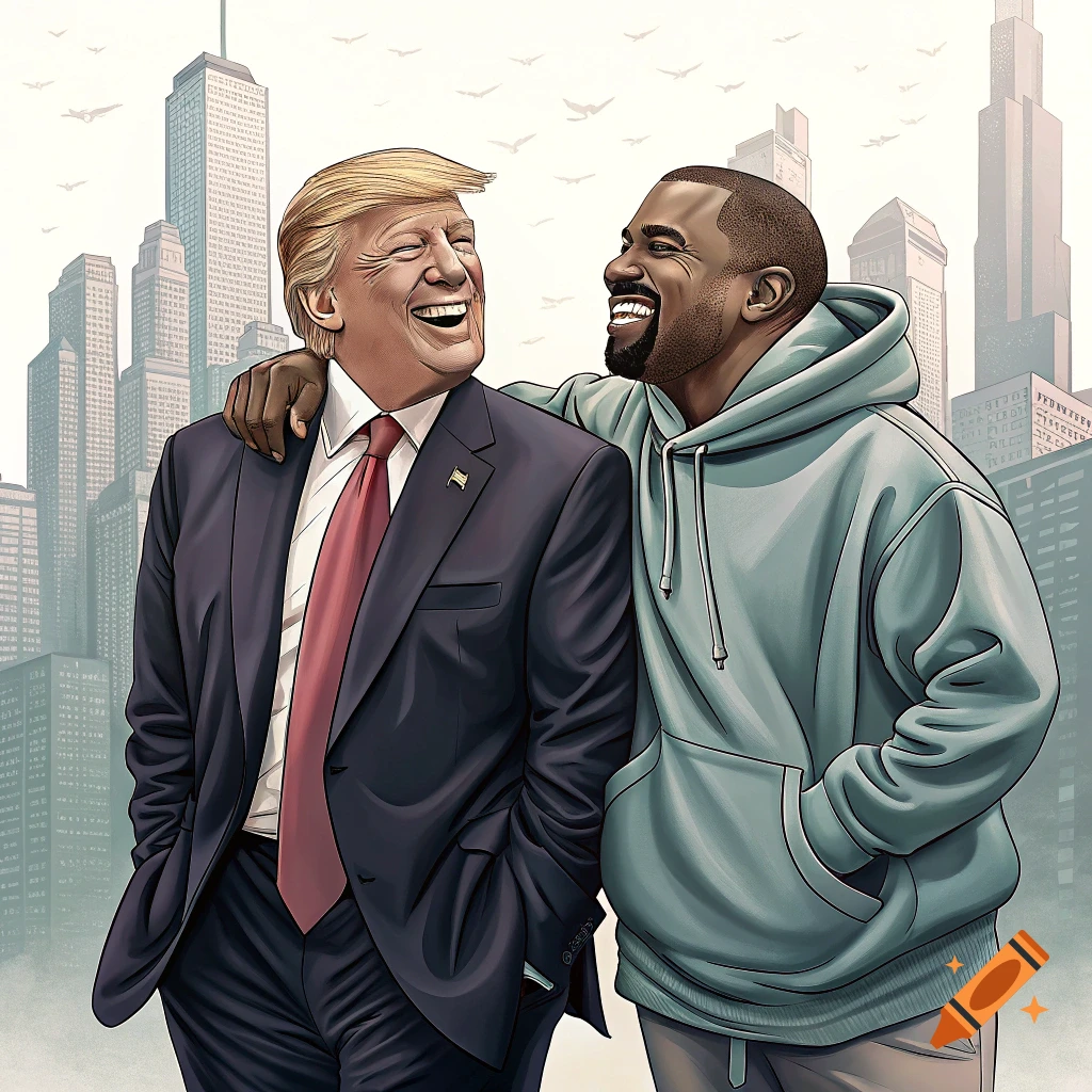 Cartoon illustration of Donald Trump and Kanye West laughing and walking arm-in-arm against a city skyline.