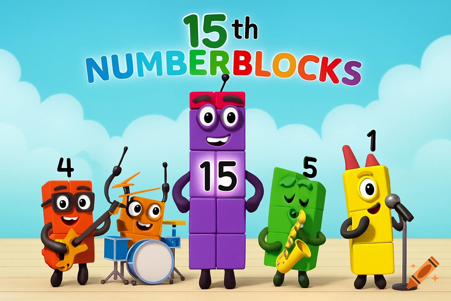 Colorful block characters form a band with instruments; one large purple block in the center displays the number '15'. Text reads '15th NUMBERBLOCKS' at the top.