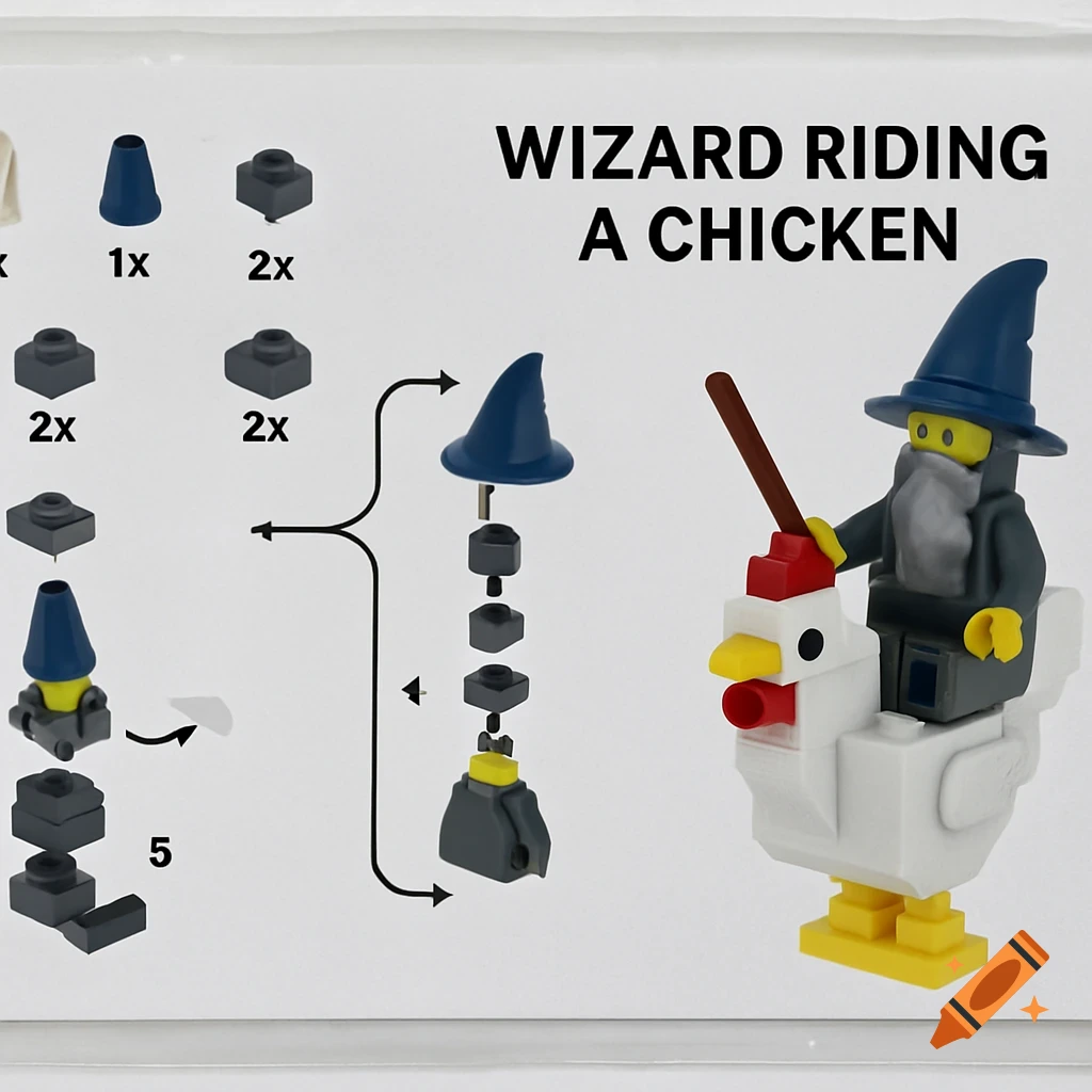 Lego instruction sheet showing how to build a wizard riding a white chicken, with piece counts and the final model.
