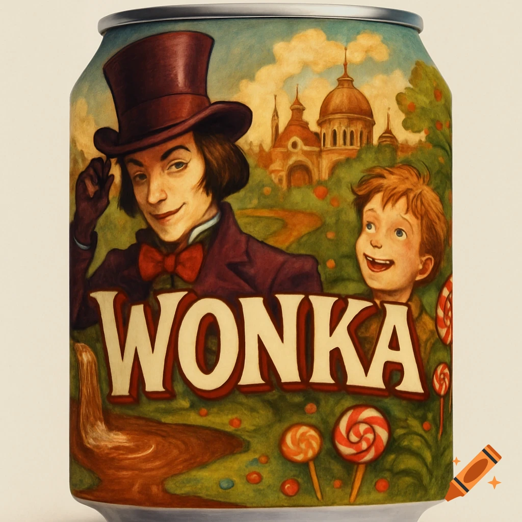 An illustrated soda can label featuring Willy Wonka and Charlie Bucket in a whimsical candy land, with the word 'WONKA' prominently displayed.