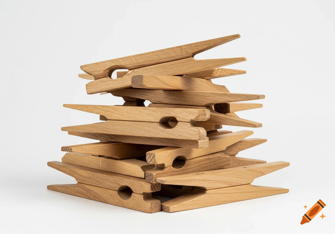A pile of wooden clothespins or pegs stacked haphazardly on a white background.