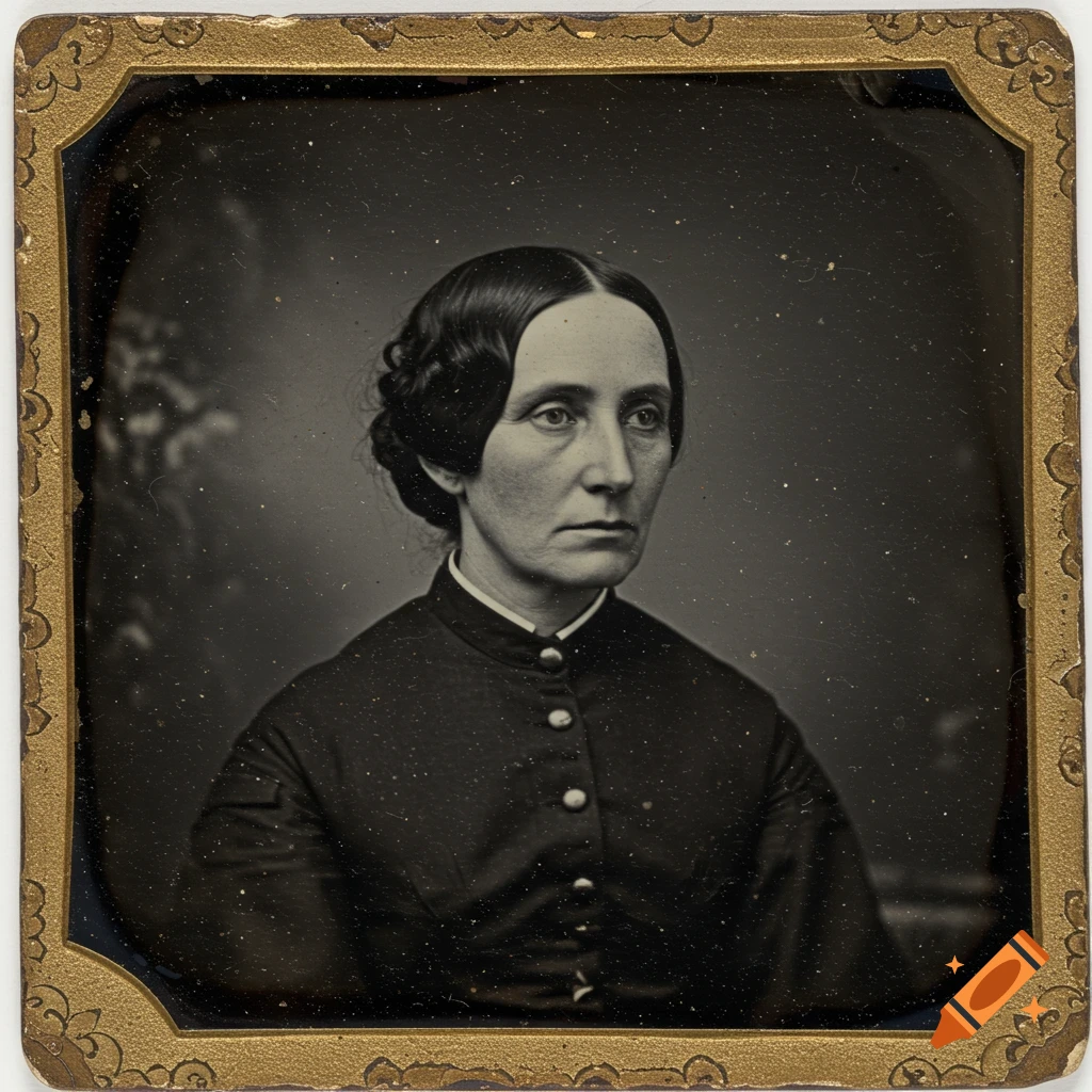 A somber 19th-century daguerreotype portrait of a woman with dark hair and a dark dress, looking slightly to the side, framed by an ornate border.