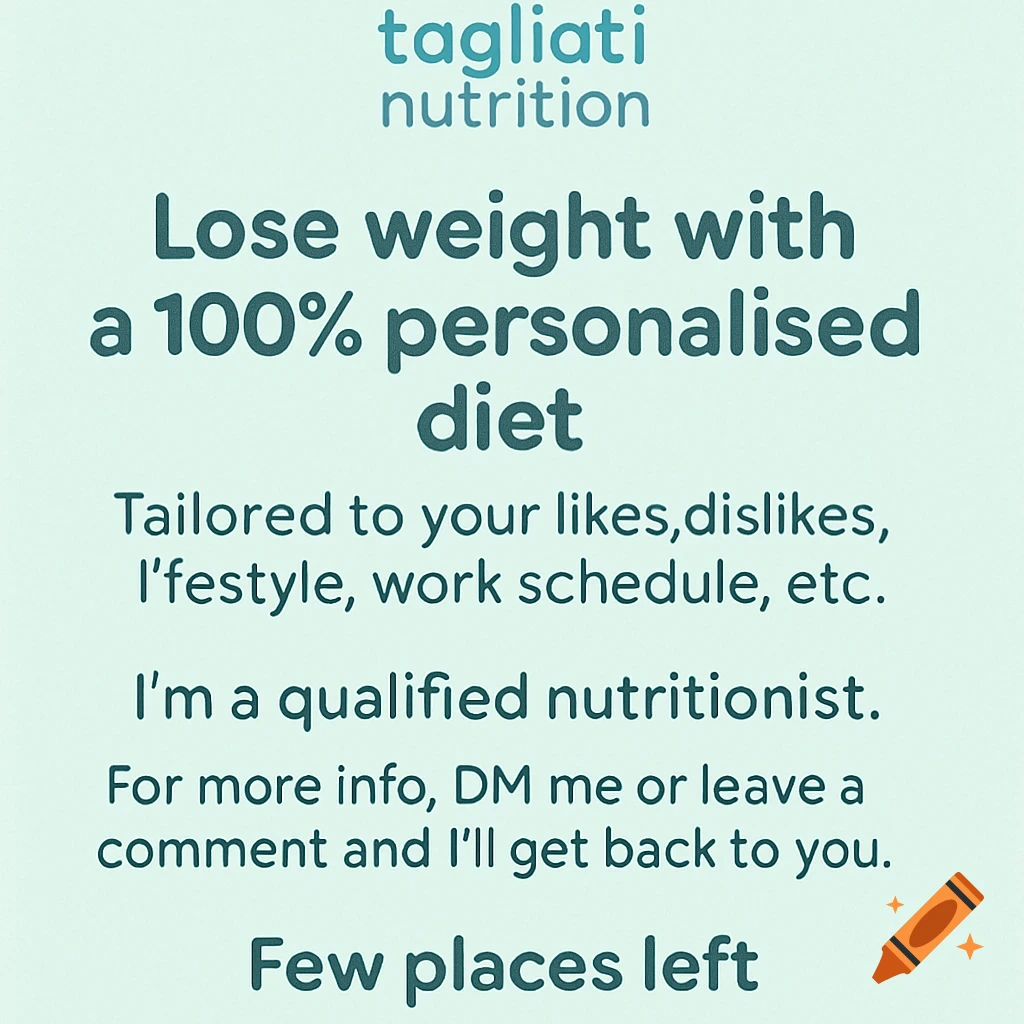 A pastel green marketing image with text about a personalized diet by tagliati nutrition, offering a 100% tailored approach.