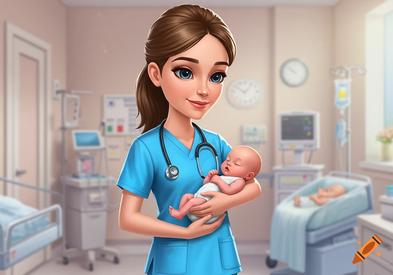 A smiling cartoon nurse in blue scrubs holds a sleeping baby in a hospital room, with blurred medical equipment.