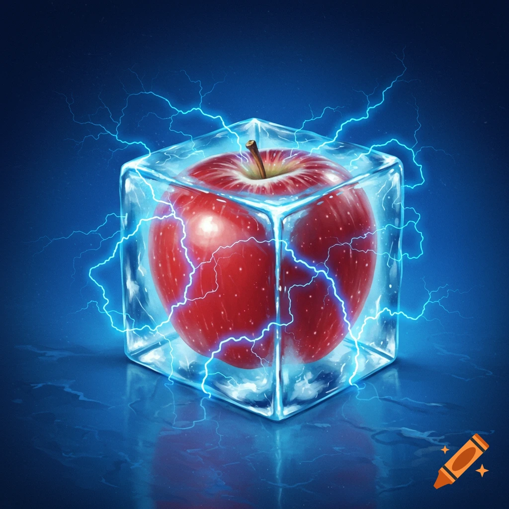 A vibrant red apple encased in a transparent ice cube, surrounded by bright blue lightning bolts, on a dark blue background.
