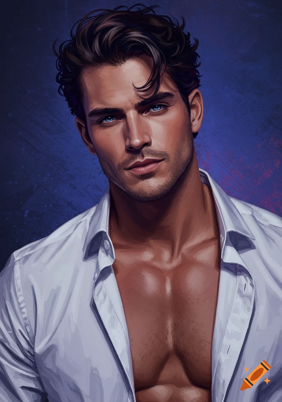 Digital art portrait of a handsome man with dark hair, blue eyes, and an unbuttoned white shirt.