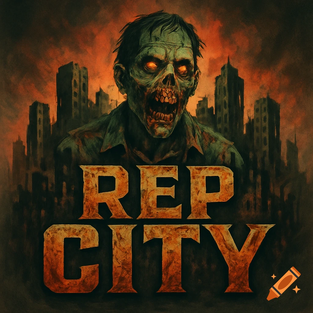 A menacing zombie with glowing eyes and rotten flesh stands before a dark, stylized city skyline, with 'REP CITY' text below.