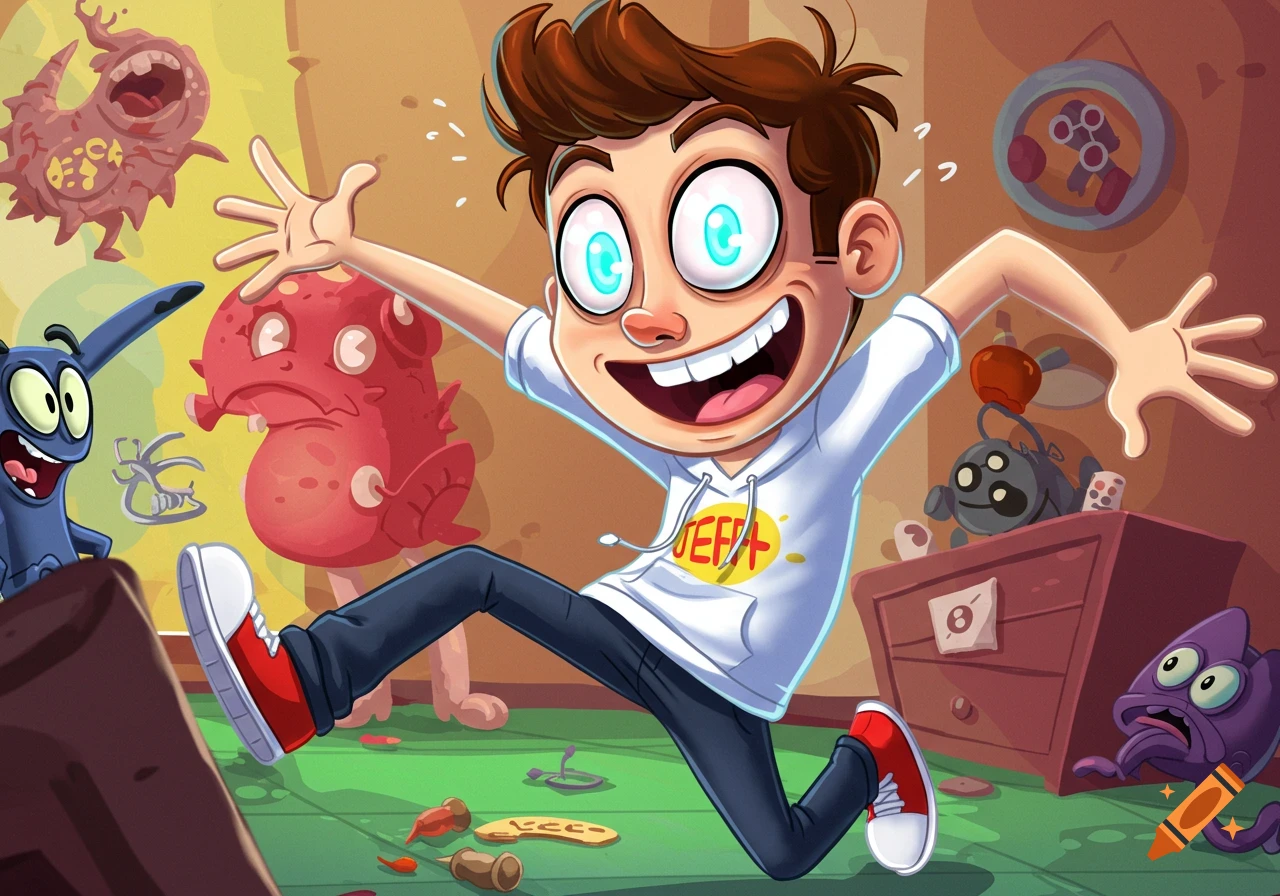 A cartoon boy with wide blue eyes and a wide smile, wearing a white hoodie with "JEFFY" written on it, runs with outstretched arms in a vibrant room filled with quirky, colorful monsters.