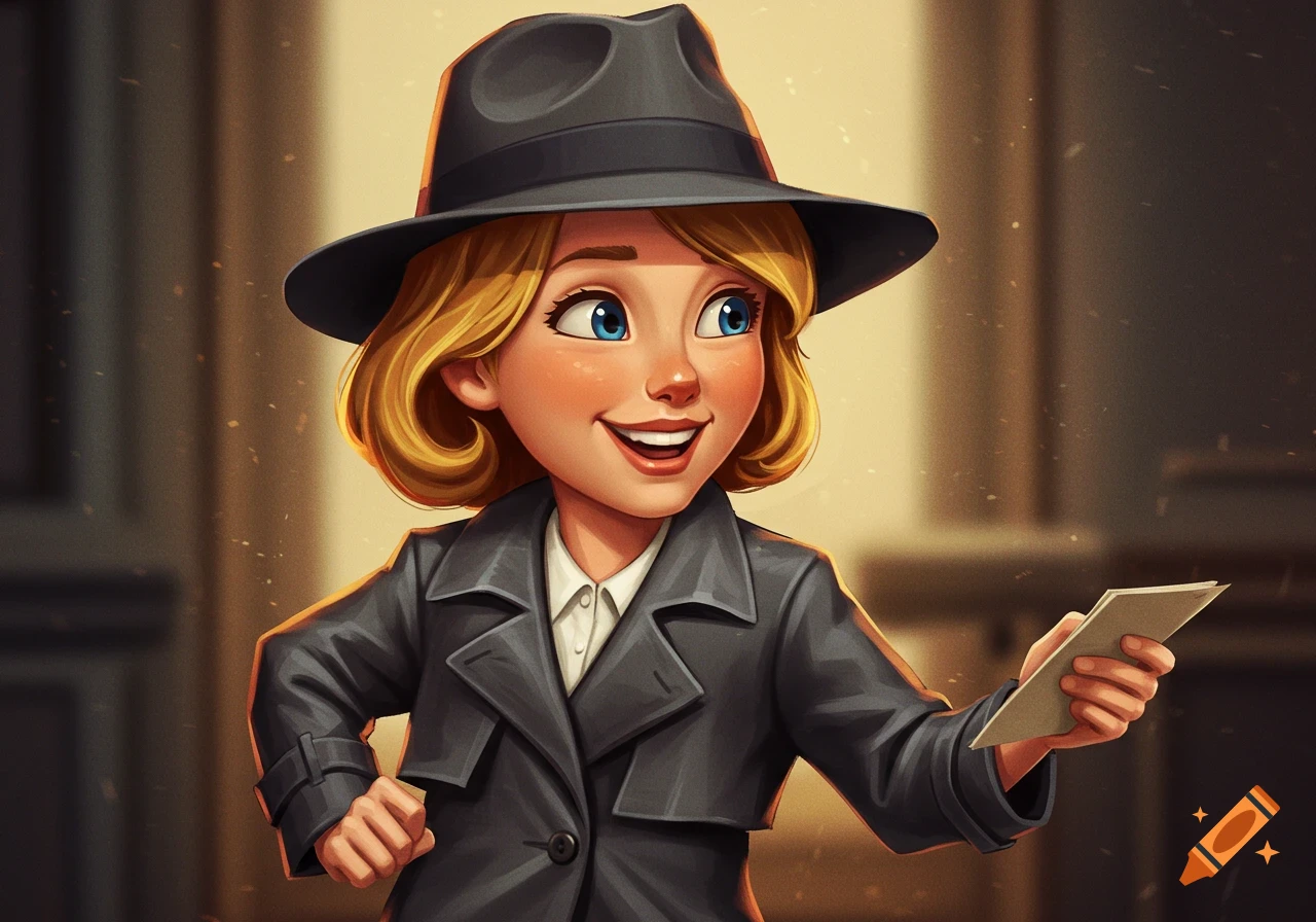 A smiling blonde cartoon detective in a trench coat and fedora holds a paper slip.