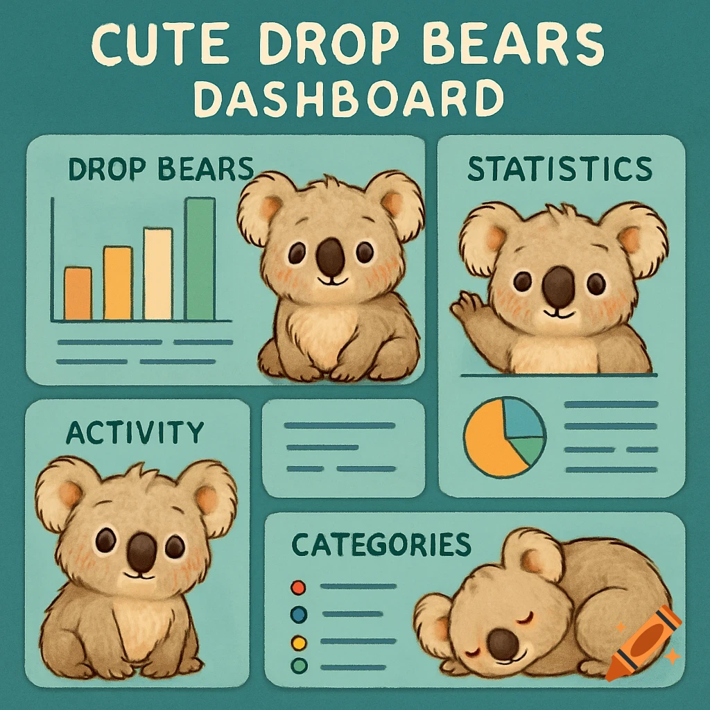 Cartoon dashboard with cute koala bears, bar chart, pie chart, and text labels.