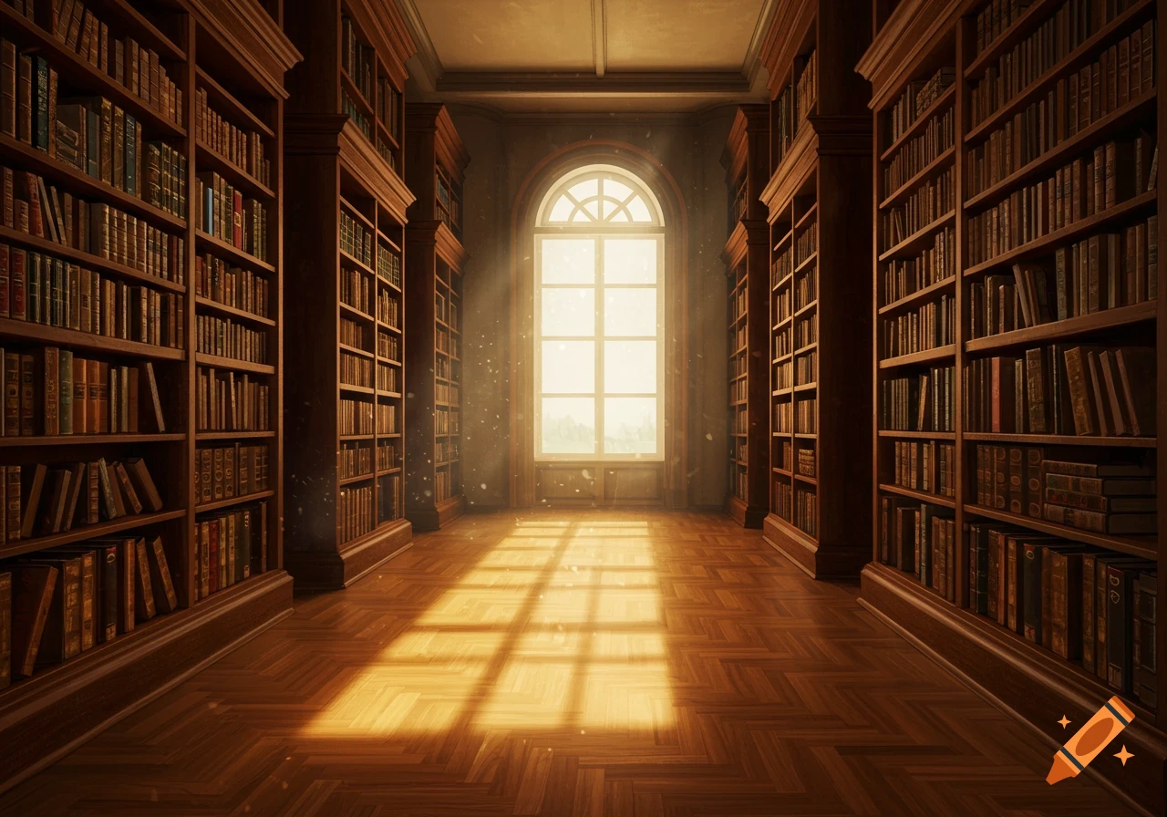 A grand library interior featuring tall wooden bookshelves, a parquet floor, and a large arched window with bright sunlight streaming in.