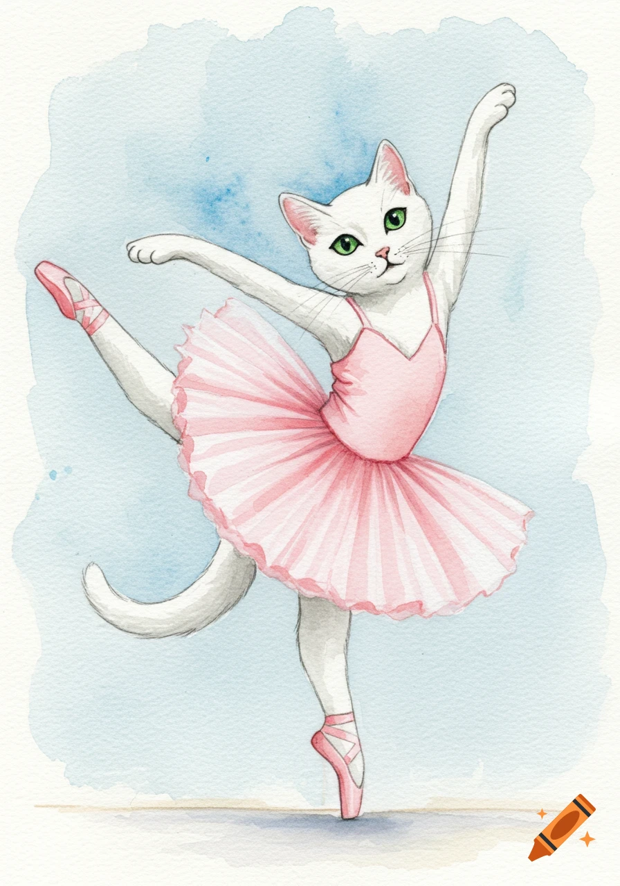 A white cat in a pink tutu and ballet shoes performs an arabesque in a watercolor style.