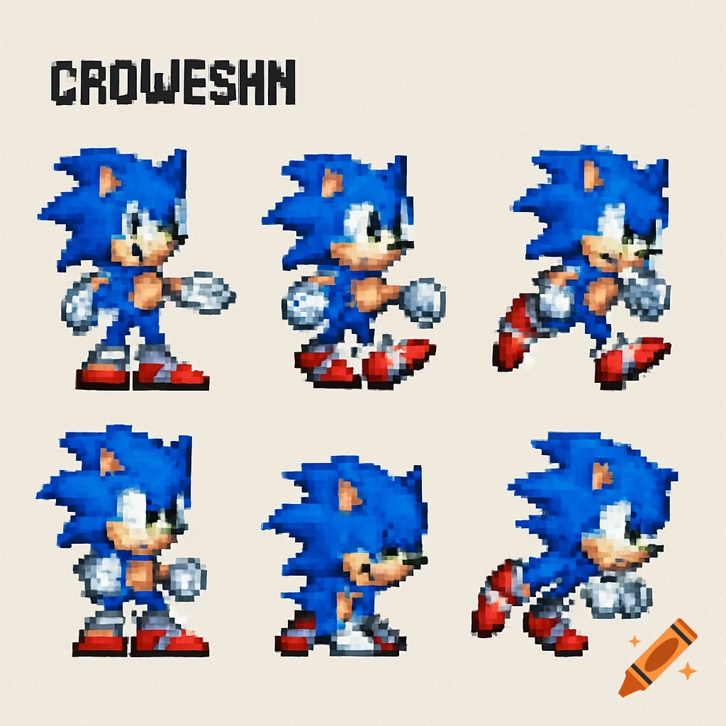 A pixel art sprite sheet of a blue hedgehog character named Croweshn in various 16-bit style poses: idle, walking, running, and crouching.