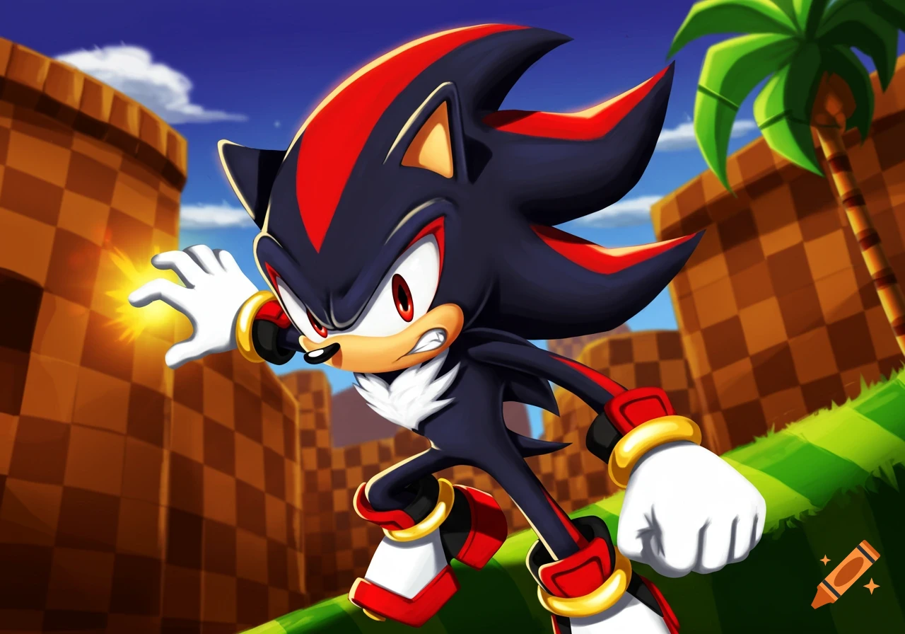 Shadow the Hedgehog lunges forward with a glowing hand in a vibrant, checkered video game environment under a blue sky.