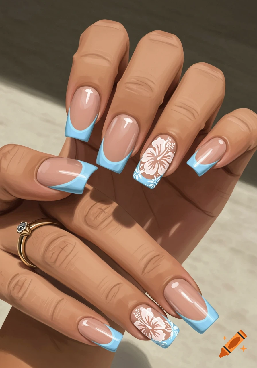 Hands with light brown skin, light blue French tip acrylic nails with white hibiscus flowers and a gold ring.
