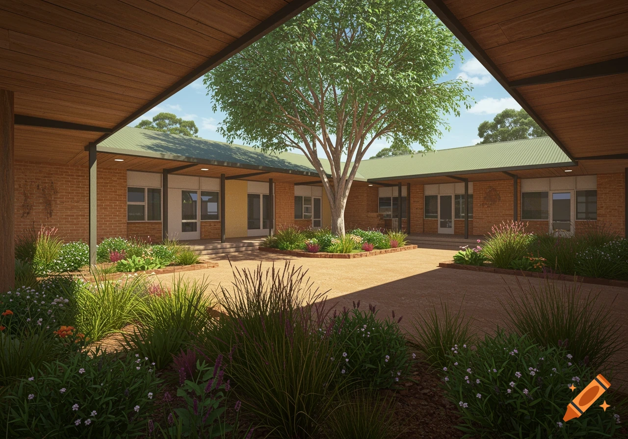 Photorealistic rendering of a high school courtyard with a central tree, native garden beds, and brick buildings under a blue sky.
