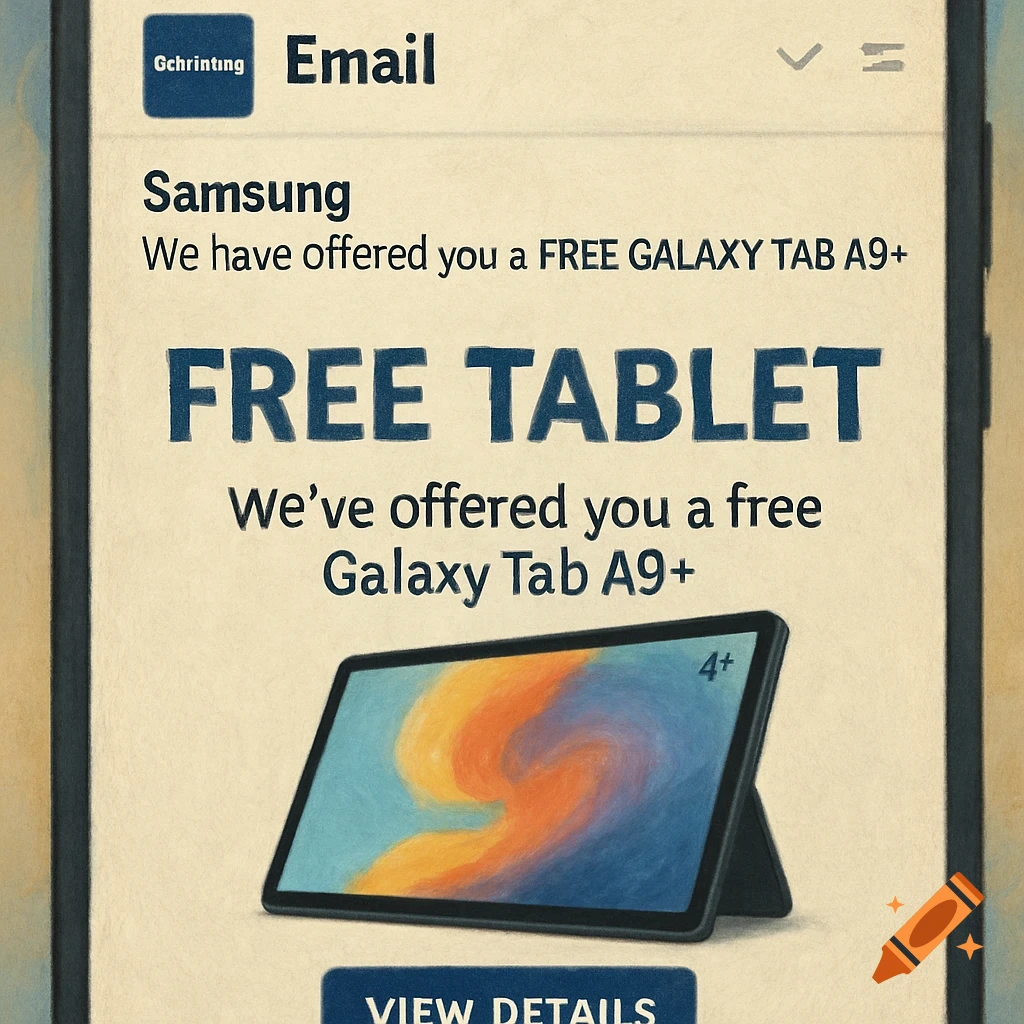 Close-up view of a smartphone screen displaying an email from Samsung offering a free Galaxy Tab A9+. A tablet with a colorful abstract background on its screen is shown below the text. The image has a textured, painterly style.