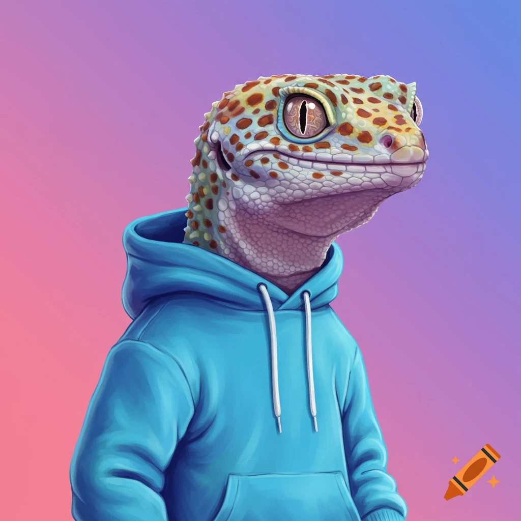 Close-up illustration of a gecko in a blue hoodie, with a pink and purple gradient background.