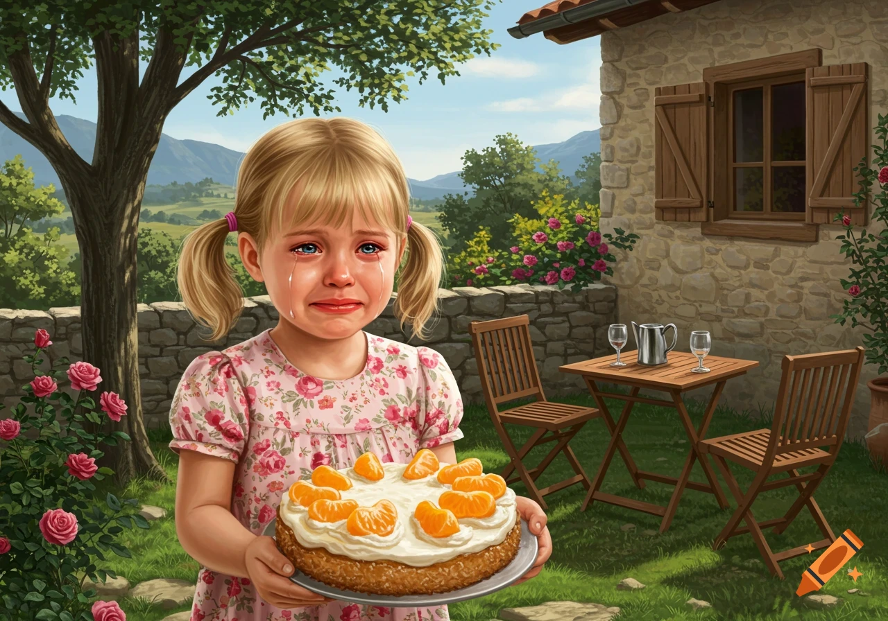 A young blonde girl with pigtails cries while holding a cake topped with mandarin slices in a realistic garden scene with a stone house.