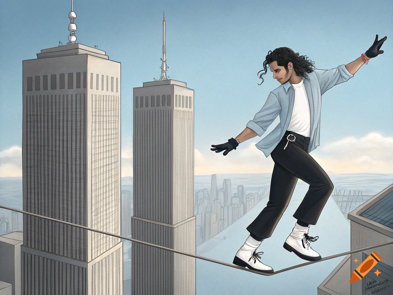 Illustrated Michael Jackson tightroping between two tall city buildings with a cityscape backdrop under a blue sky.