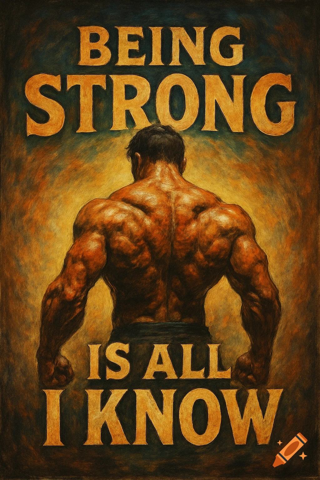 Muscular man seen from behind with text 'BEING STRONG IS ALL I KNOW' on a textured background.