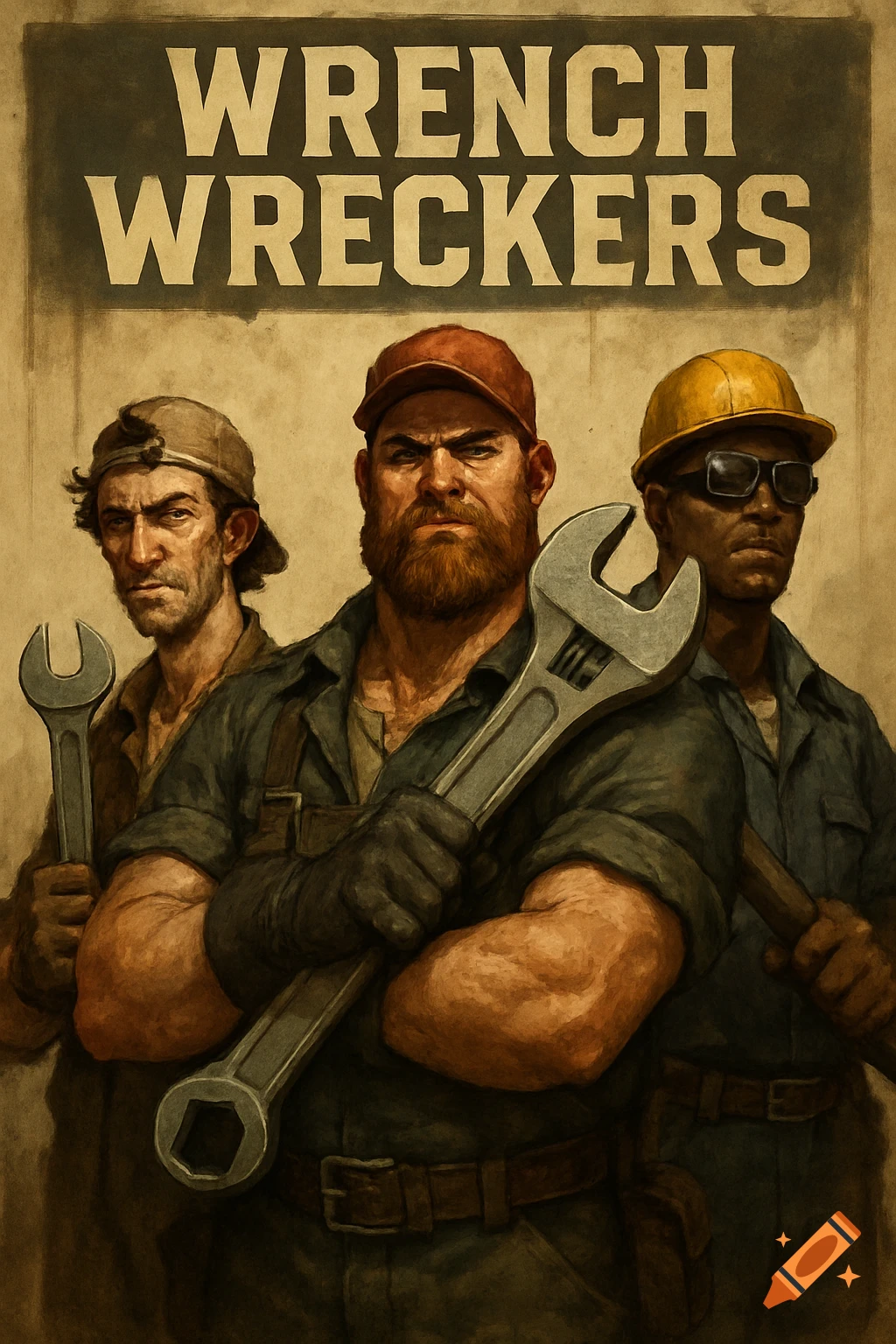 A vintage-style poster depicting three rugged men, one holding a large wrench, with 'WRENCH WRECKERS' text above.