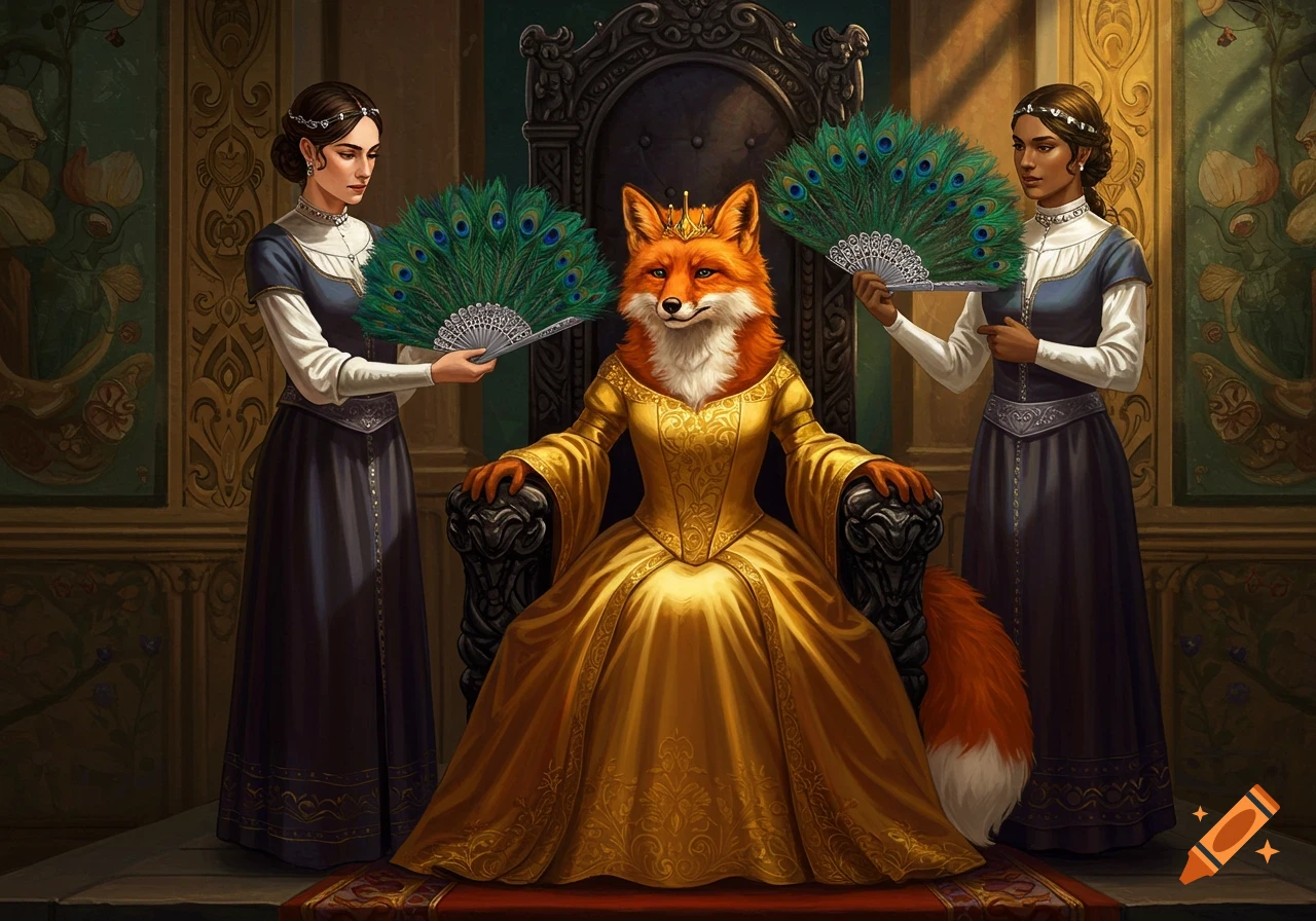 A fox princess in a golden gown and crown sits on a throne, fanned by two female servants with peacock fans in a grand hall.