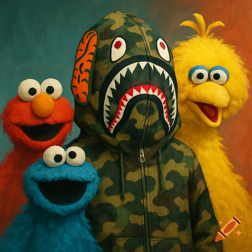 Elmo, Cookie Monster, and Big Bird stand next to a person wearing a green camouflage Bape shark hoodie, in a vibrant, photorealistic style.