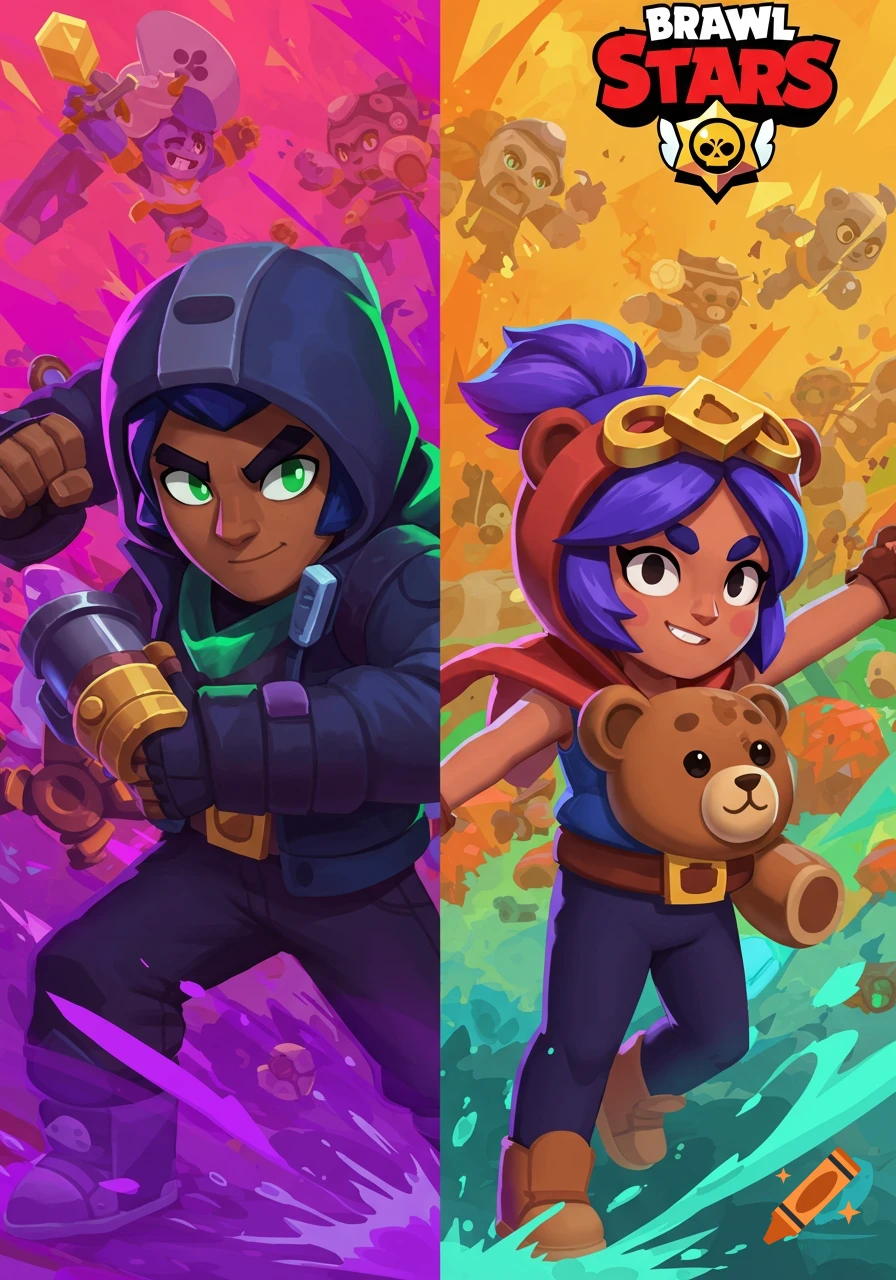 Stylized characters Leon and Nita from Brawl Stars. Leon in a blue hoodie on a purple background, Nita in a red bear hat on an orange background, with the Brawl Stars logo.