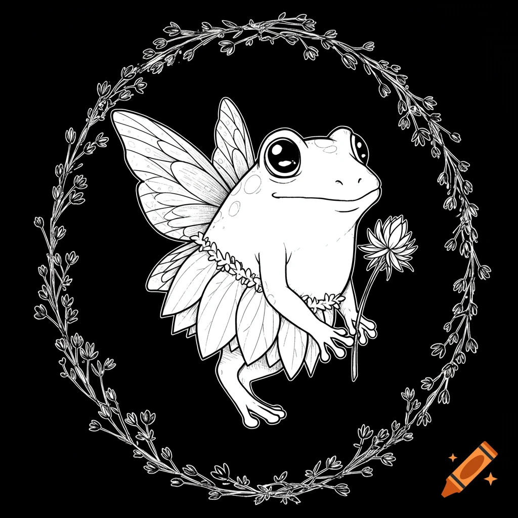 A black and white line art illustration of a cute fairy frog wearing a leaf skirt and wings, holding a flower, framed by a vine wreath.