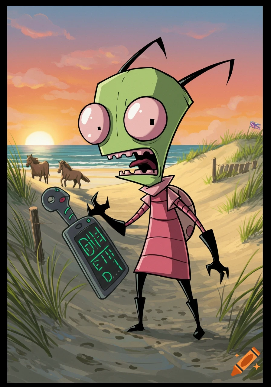 An angry green alien with pink eyes holds a device with gibberish text on a beach at sunset with two horses in the background, in a cartoon style.
