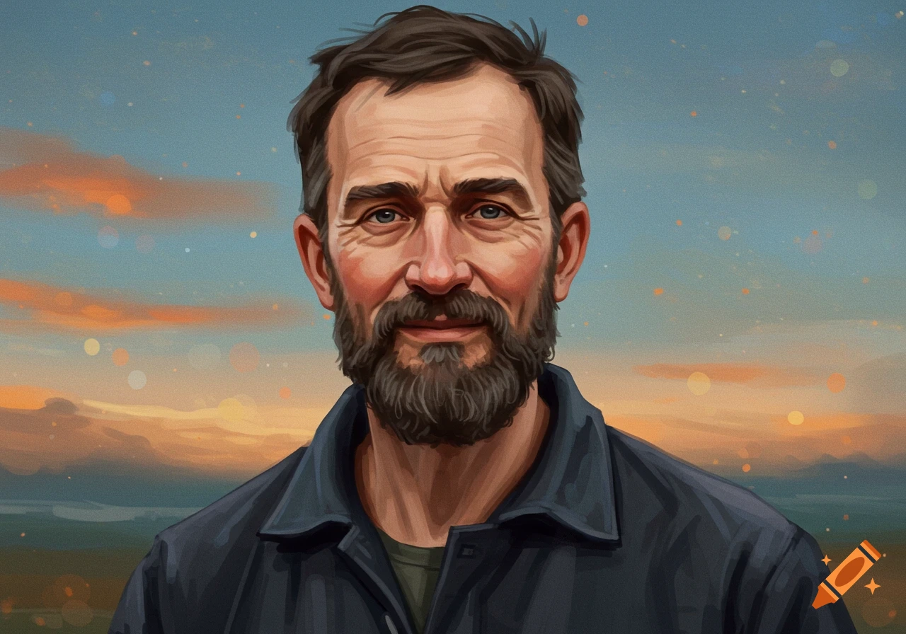 Digital painting of a bearded man in a dark shirt, looking forward against a colorful sky with bokeh effects.