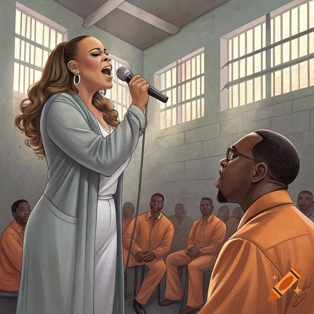 An illustration of a woman singing into a microphone in a prison, performing for a group of men in orange jumpsuits.