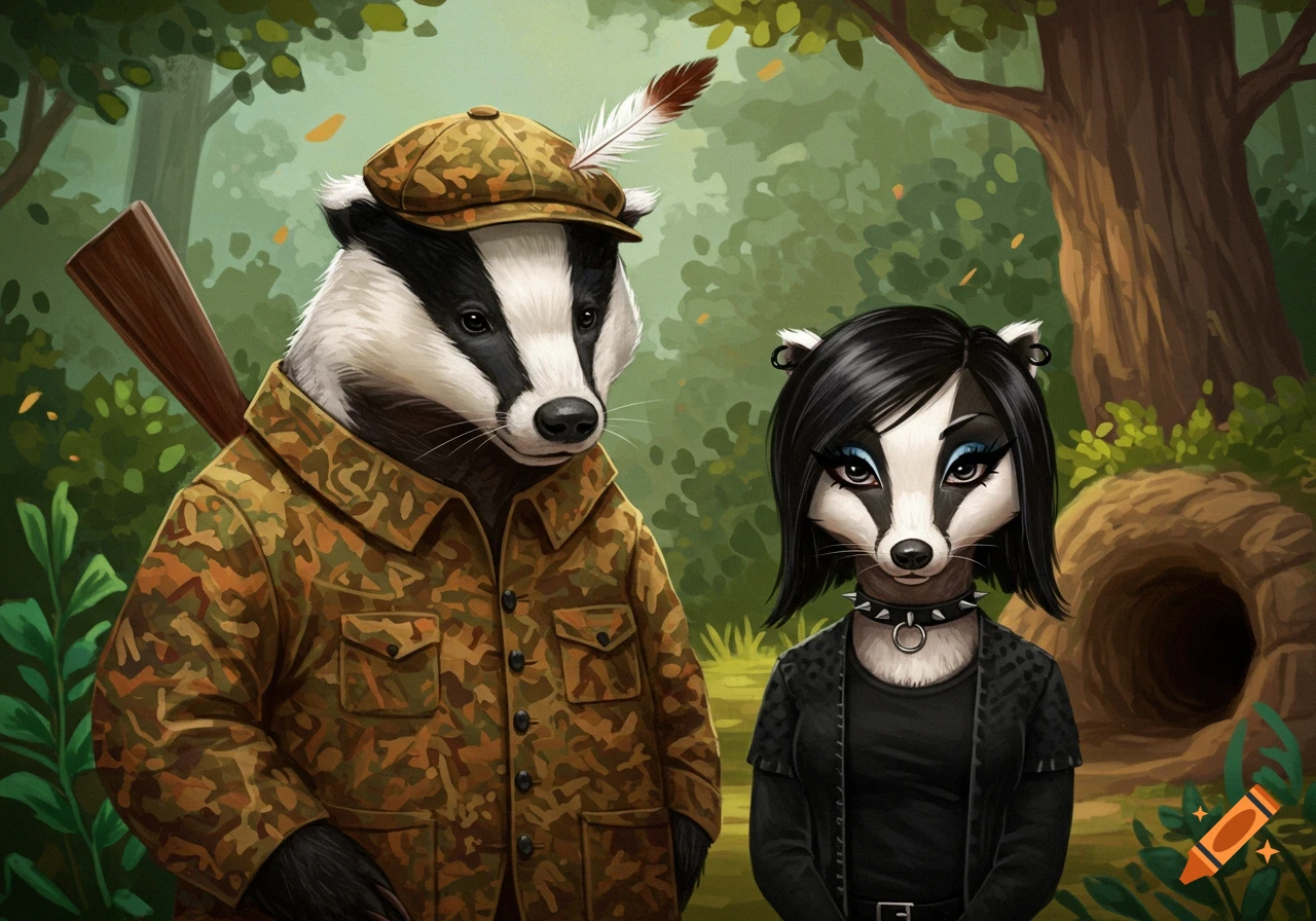 An anthropomorphic badger in hunting gear stands next to an emo badger in a forest setting.