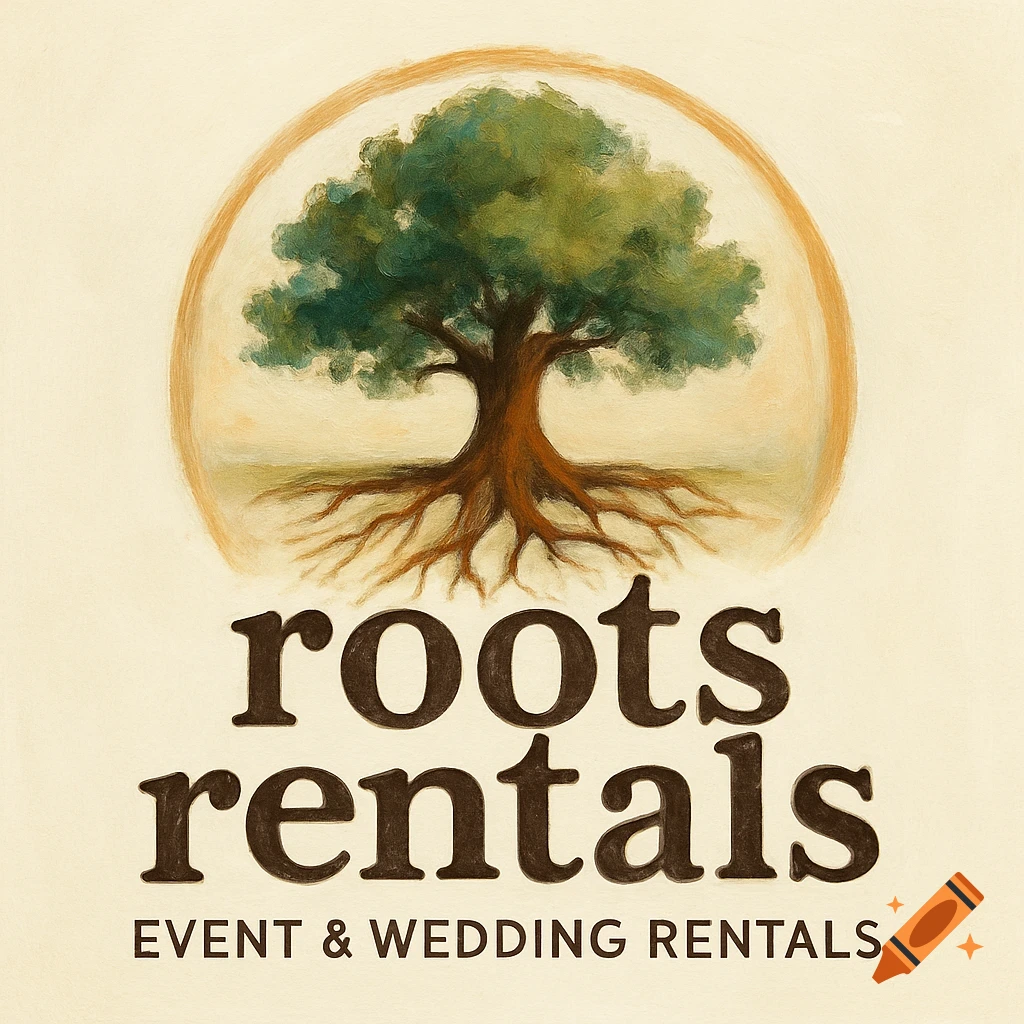 Logo for Roots Rentals with a stylized tree with roots in a circular frame, and text "roots rentals" and "EVENT & WEDDING RENTALS".