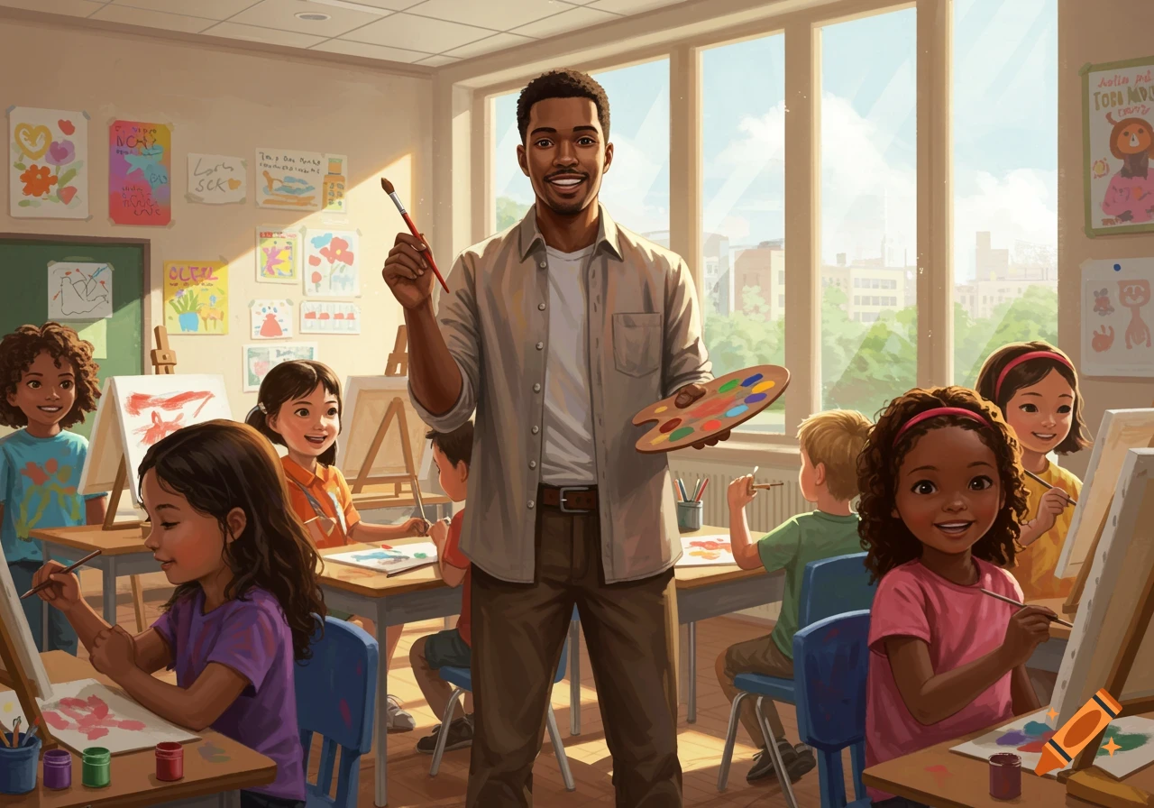 An illustrated Black male art teacher with paintbrush and palette, surrounded by smiling children painting in a bright classroom.