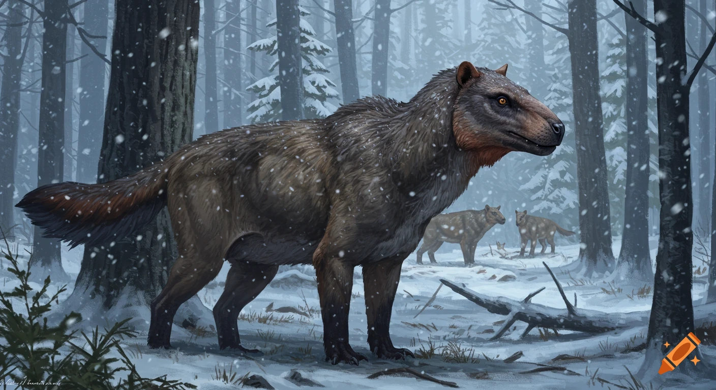 A large, brown prehistoric wolf-like animal stands in a snowy forest with two smaller animals in the background.