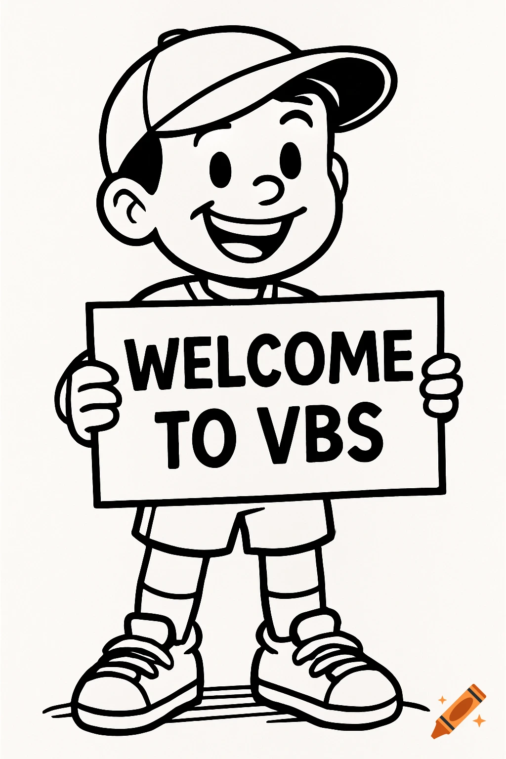 A black outline cartoon of a smiling boy wearing a cap, holding a sign that reads 'WELCOME TO VBS'.