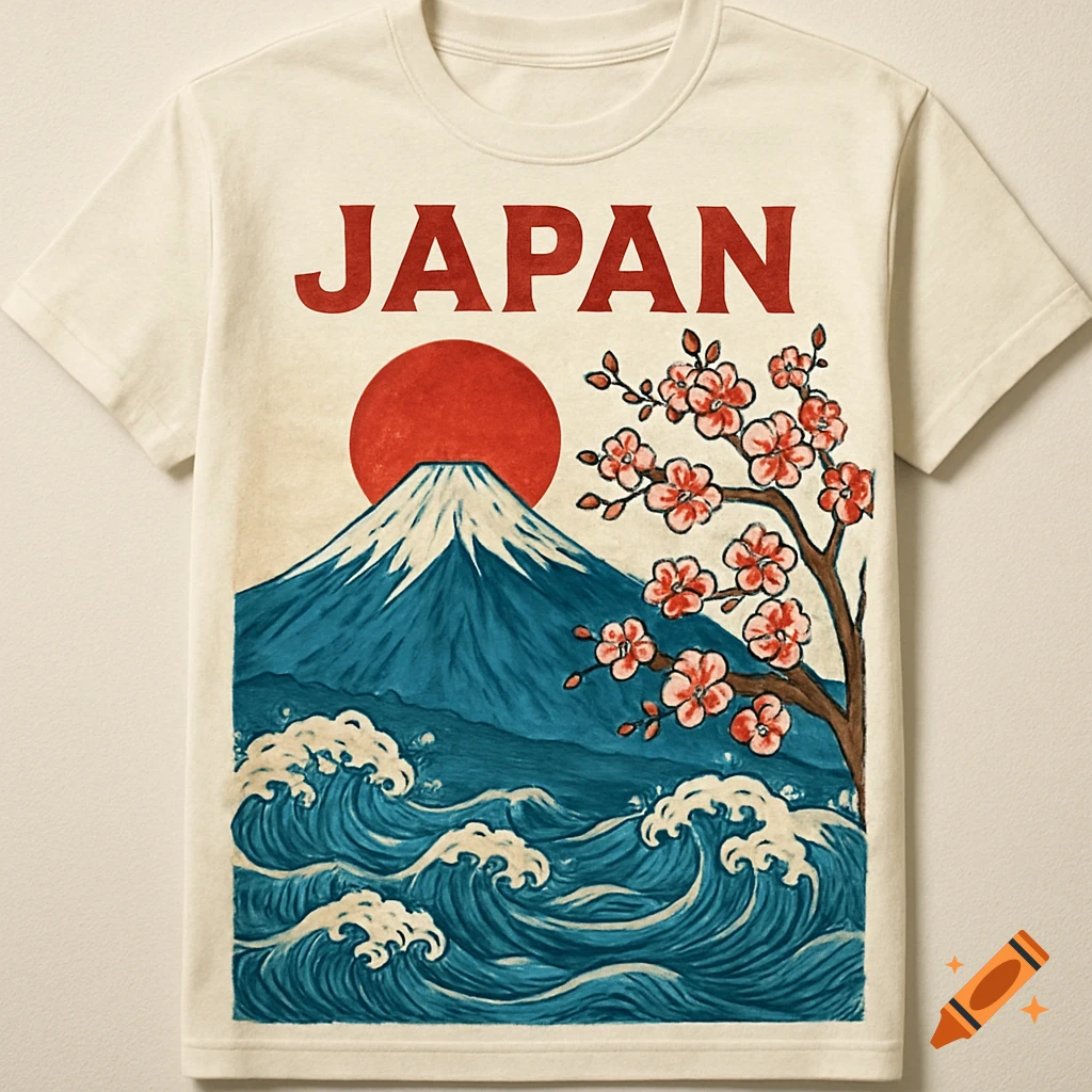 A cream-colored t-shirt with a vintage-style design featuring a red sun, Mount Fuji, blue waves, and pink cherry blossoms, with the word "JAPAN" in red text above.