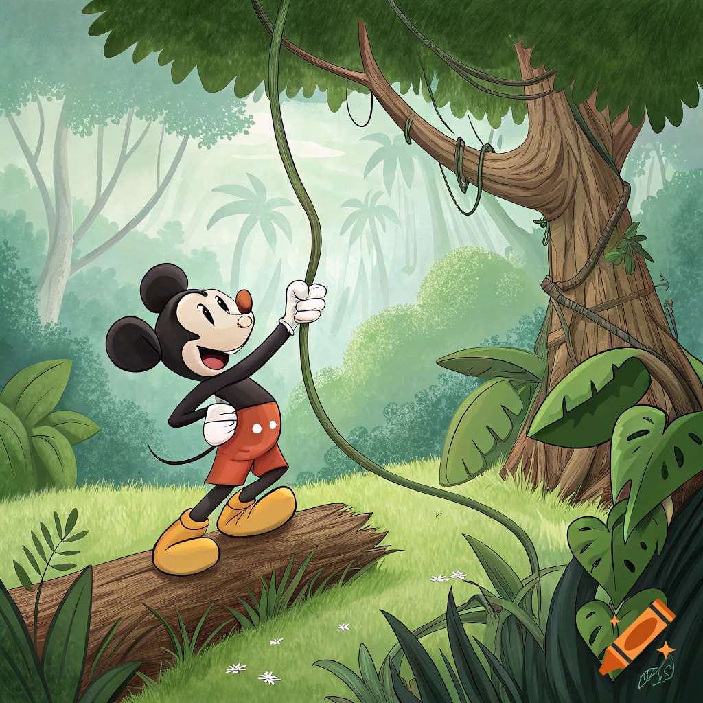 Cartoon Mickey Mouse standing on a log, holding a vine in a vibrant green jungle with large trees and lush foliage.